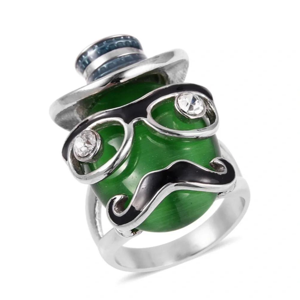 Simulated Green Cats Eye, Austrian Crystal Ring